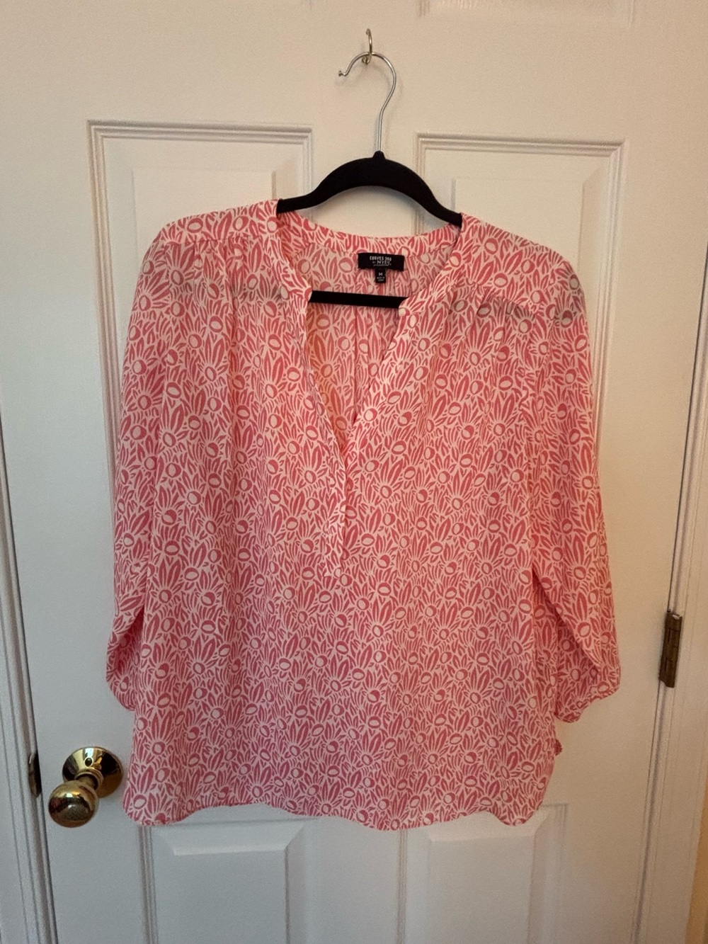 NYDJ Pink and White Printed Split V-Neck Tunic